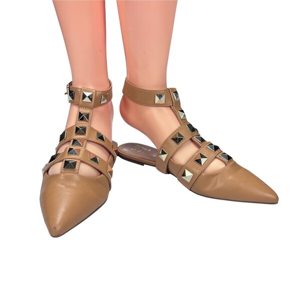 Tan Studded Pointed-Toe Ankle Strap Flats By MIX No.6 Size 7.5 Faux Leather Wome - Picture 4 of 7